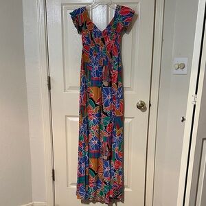 Aakaa Vibrant Floral Maxi Dress in Red, Blue, and Green